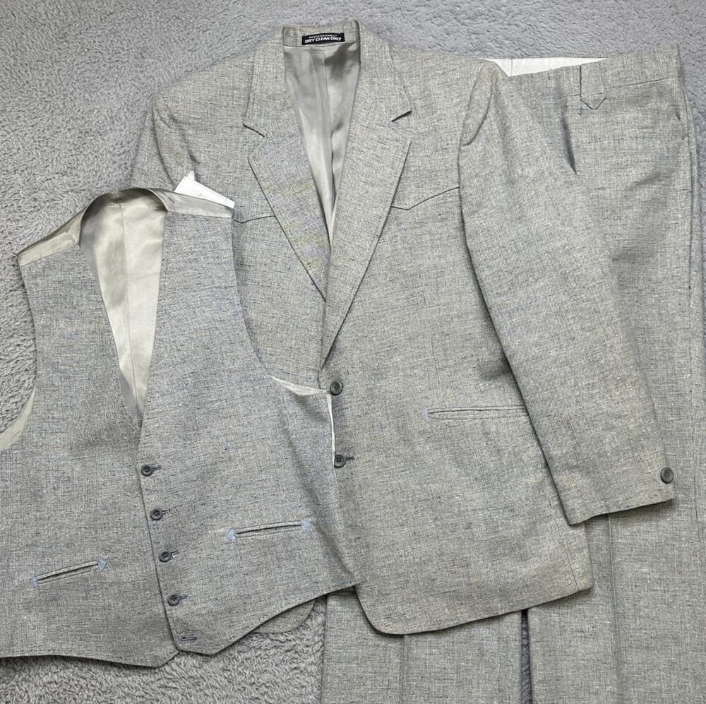 Vintage Western 3 Piece Suit Mens 44? Pants 38x30 Gray Basketweave Texture Sewel